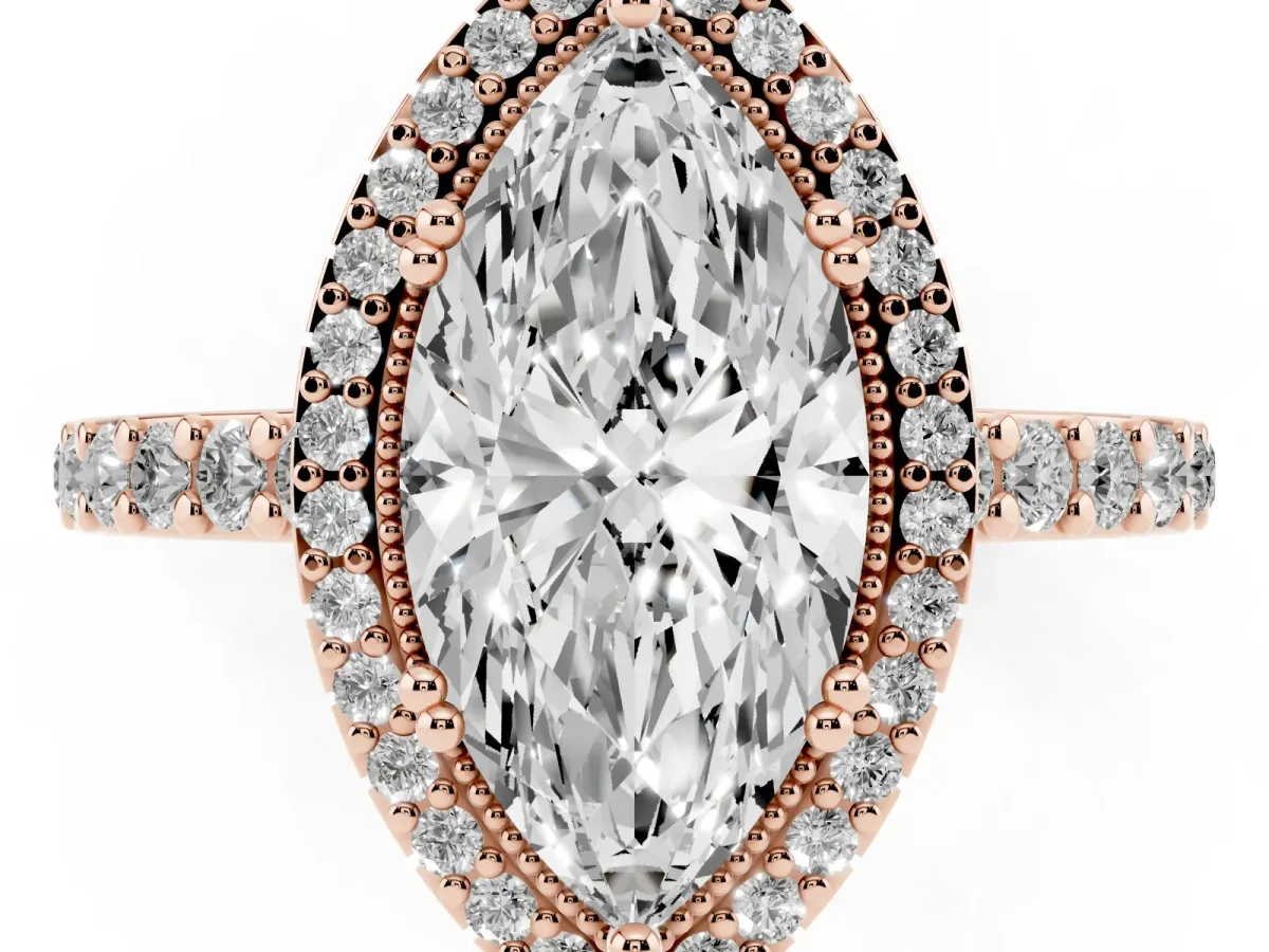 Marquise Cut Cut Diamond Halo Engagement Ring with Milgrain Detail and Pavé Band Rose gold