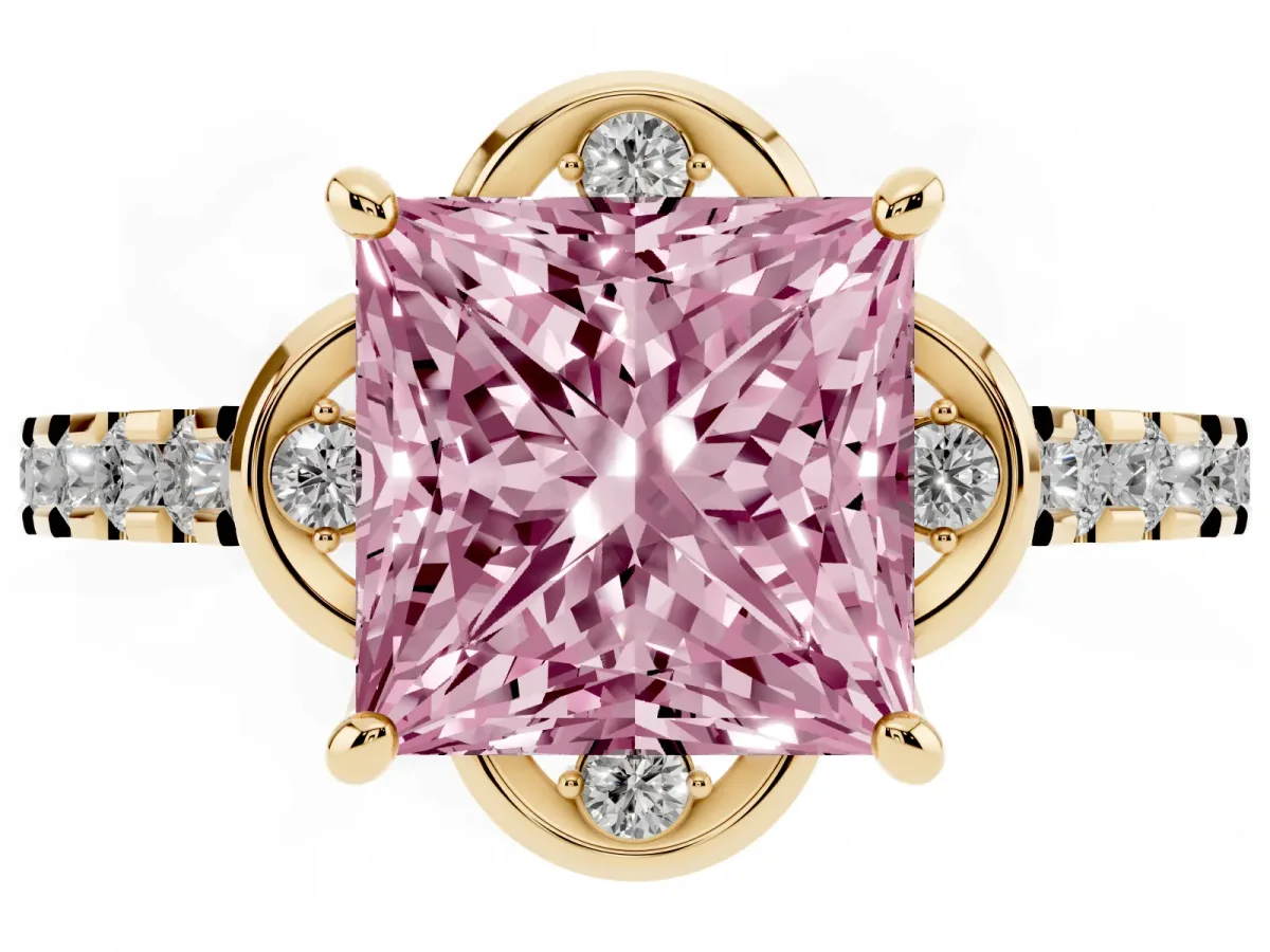 Fancy Pink Princess Cut Diamond Ring with Pavé Band and Floral Prong Setting Yellow gold