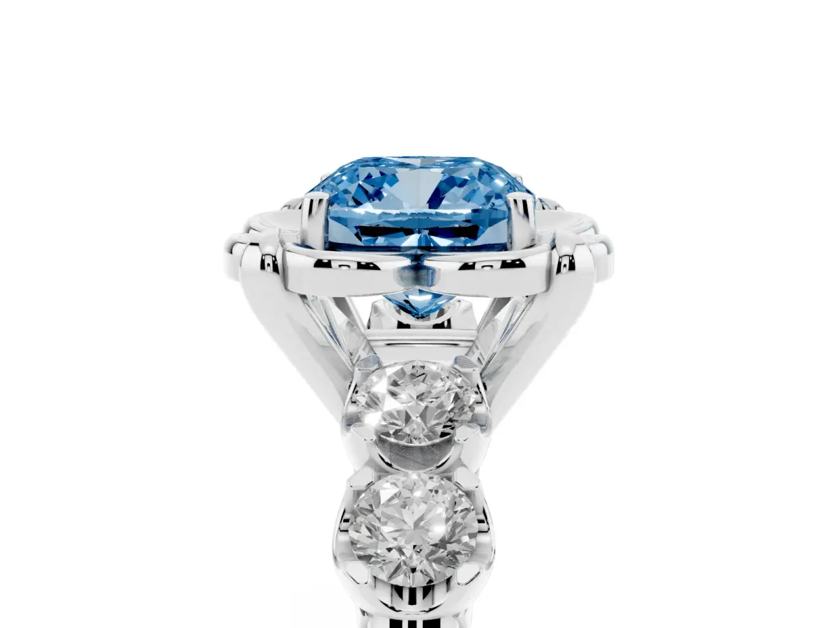 Fancy Blue Cushion Cut Cut Diamond Floral Halo Engagement Ring with Shared Prong Setting Silver