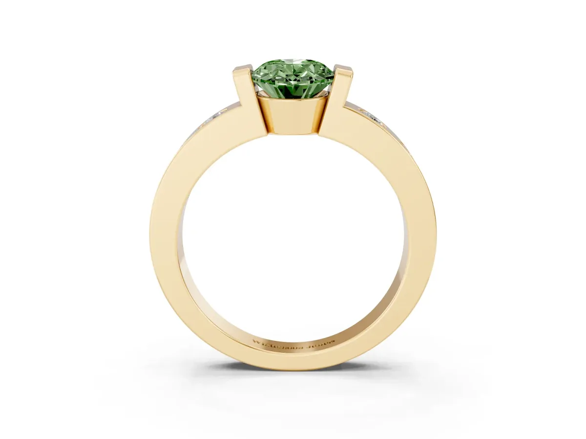Fancy Green Oval Cut Brilliant Channel-Set Diamond Ring with Bezel Prong Setting Yellow gold