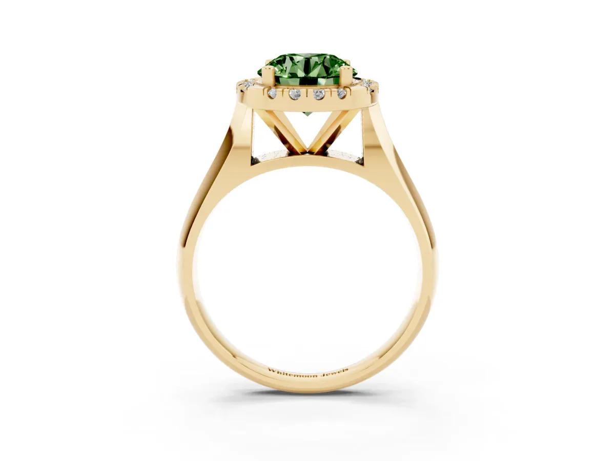 Fancy Green Round Cut Cut Halo Solitaire Engagement Ring with Square Band and Four-Prong Setting Yellow gold