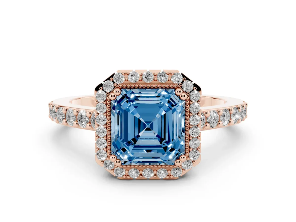 Fancy Blue Asscher Cut Cut Diamond Halo Engagement Ring with Milgrain Detail and Pavé Band Rose gold
