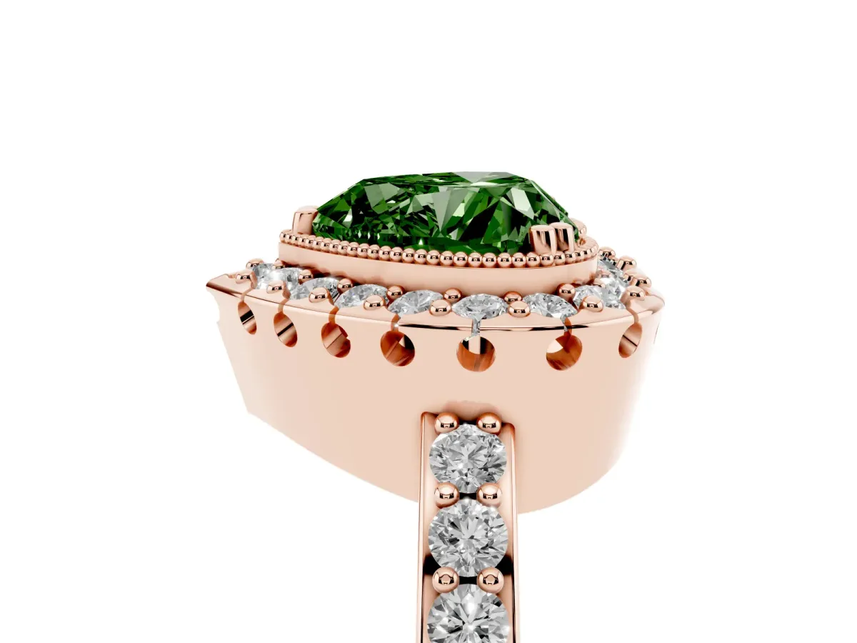 Fancy Green Heart Cut Diamond Halo Ring with Pavé Band and Prong Setting Rose gold
