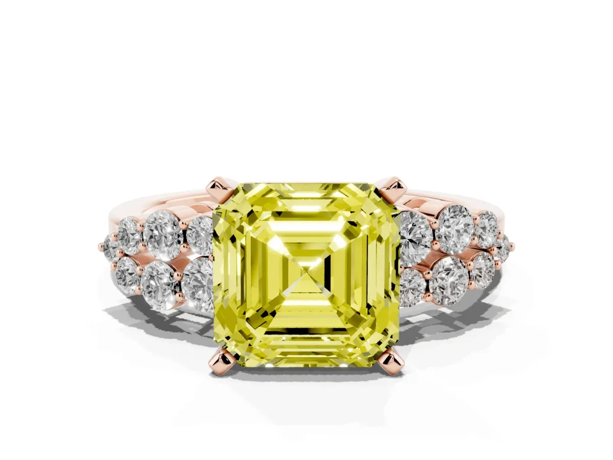 Fancy Yellow Asscher Cut Cluster Diamond Engagement Ring with Pavé Band and Four-Prong Setting Rose gold