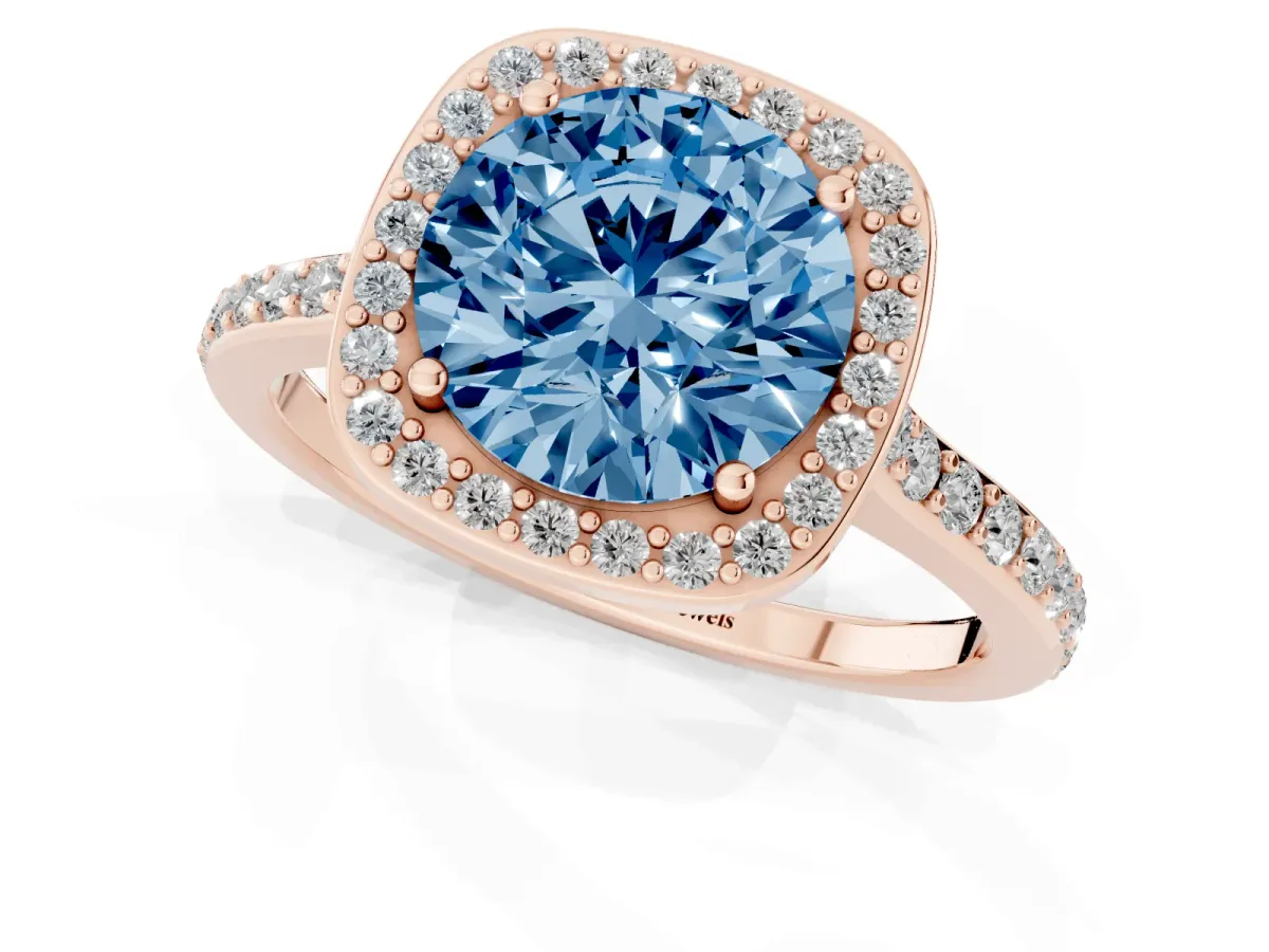 Fancy Blue Round Cut Diamond Halo Engagement Ring with Round Pavé Shoulders and Prong Setting Rose gold