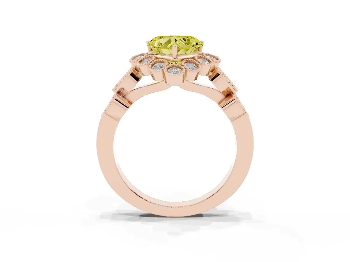 Fancy Yellow Heart Cut Brilliant Milgrain Pave Heart Band Solitaire Ring Rose gold