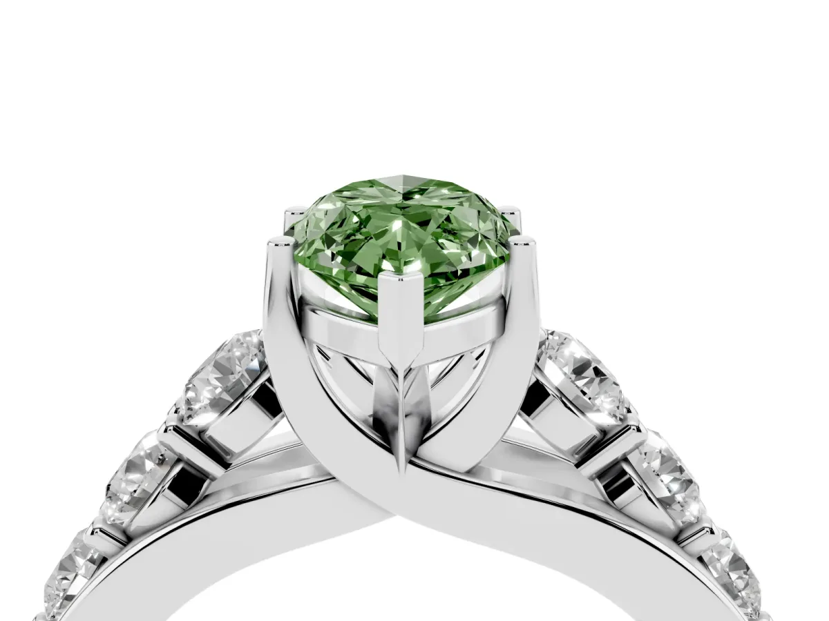Fancy Green Marquise Cut Diamond Engagement Ring with Pavé Band and Four-Prong Setting Silver