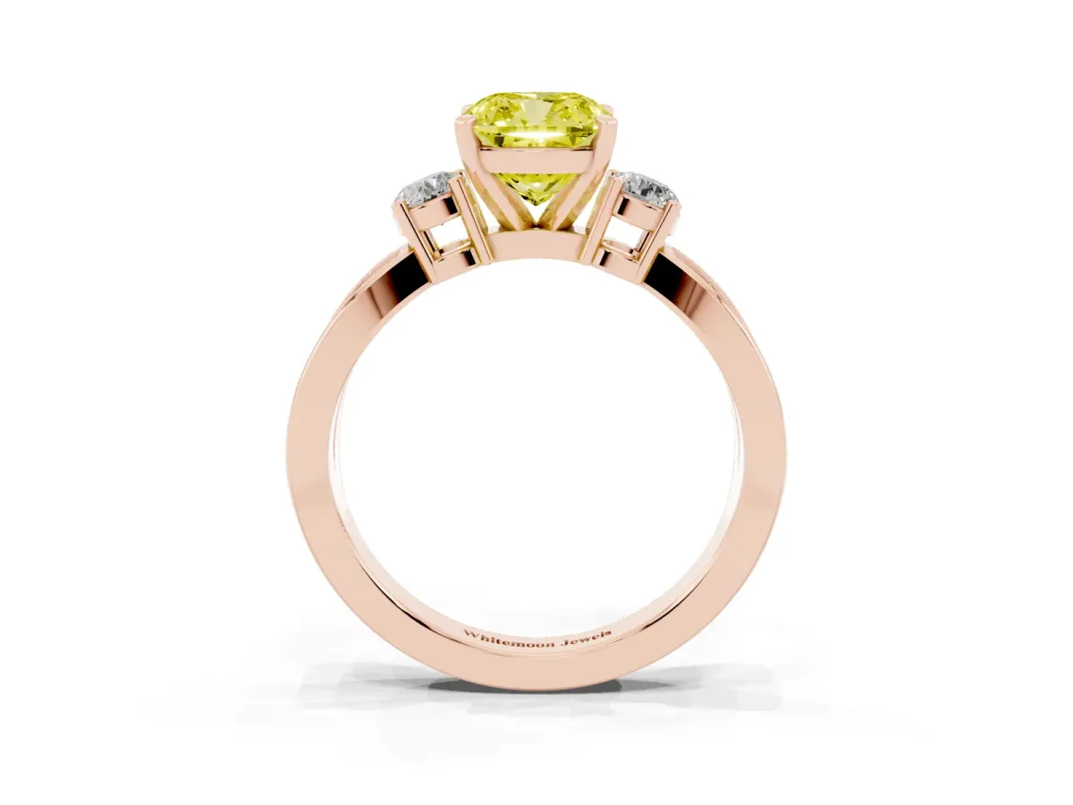 Fancy Yellow Three-Stone Cushion Cut Cut Diamond Twist Band with Prong Setting Rose gold