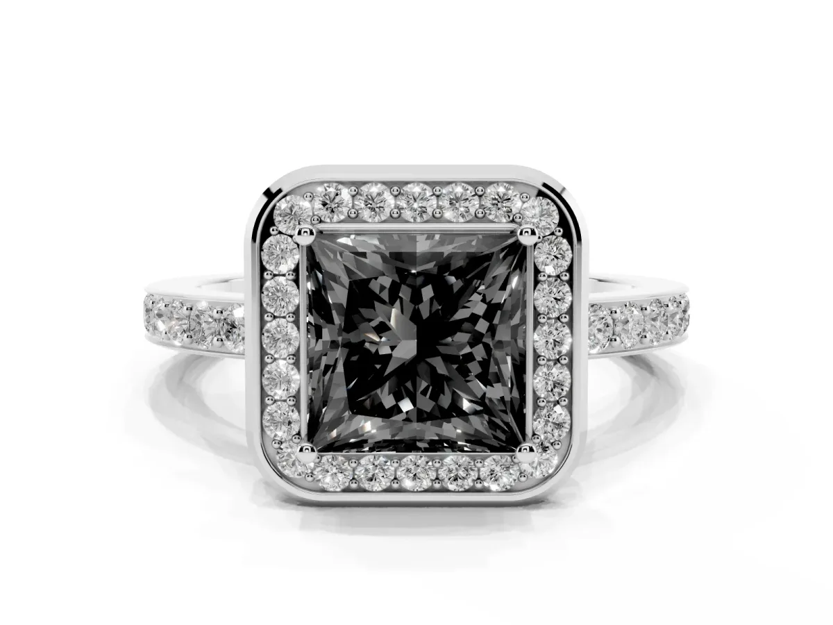 Fancy Black Princess Cut Diamond Halo Ring with Bezel Frame and Pavé Band Silver