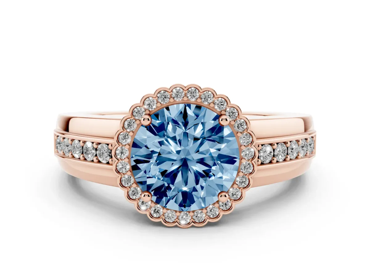 Fancy Blue Round Cut Cut Halo Pave Band Four-Prong Ring Rose gold