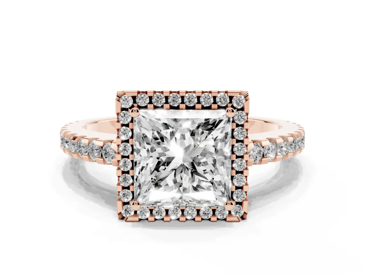 Princess Cut Diamond Halo Engagement Ring with Pavé Band and Prong Setting Rose gold