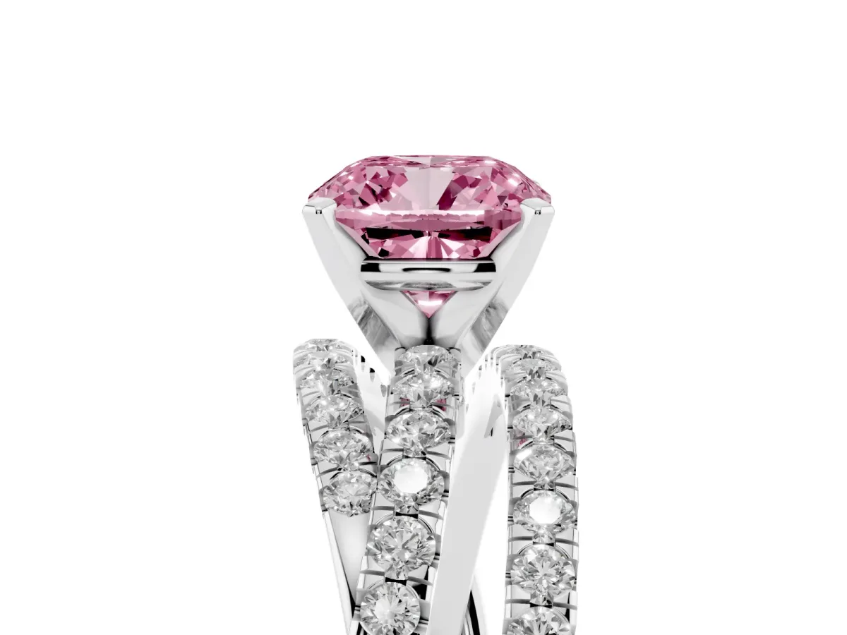 Fancy Pink Cushion Cut Solitaire Twist Band with Pavé Setting and Four-Prong Setting Silver