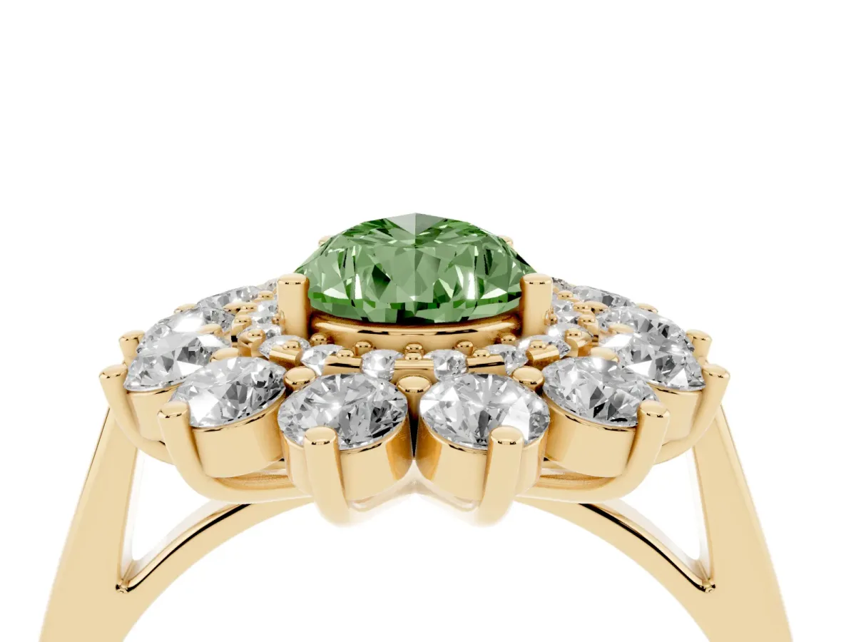 Fancy Green Pear Cut Diamond Floral Double Halo Engagement Ring with Prong Setting Yellow gold