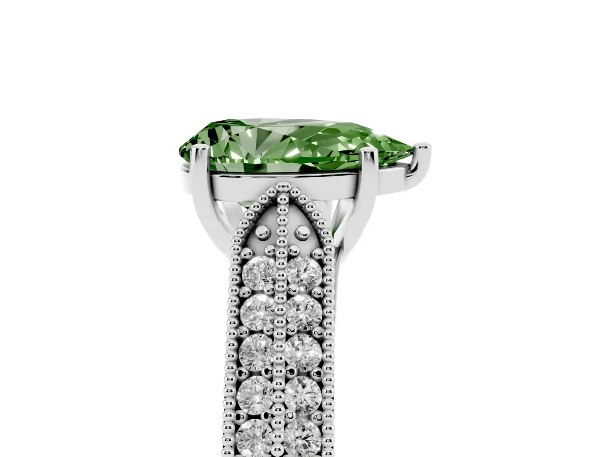 Fancy Green Pear Cut Cut Pave Split Shank Engagement Ring with Four-Prong Setting Silver