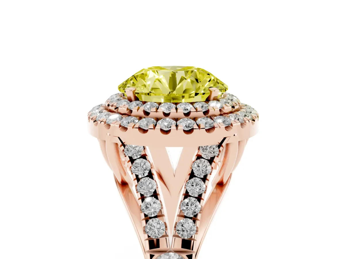 Fancy Yellow Double Halo Round Cut Diamond Split Shank Engagement Ring with Four-Prong Setting Rose gold
