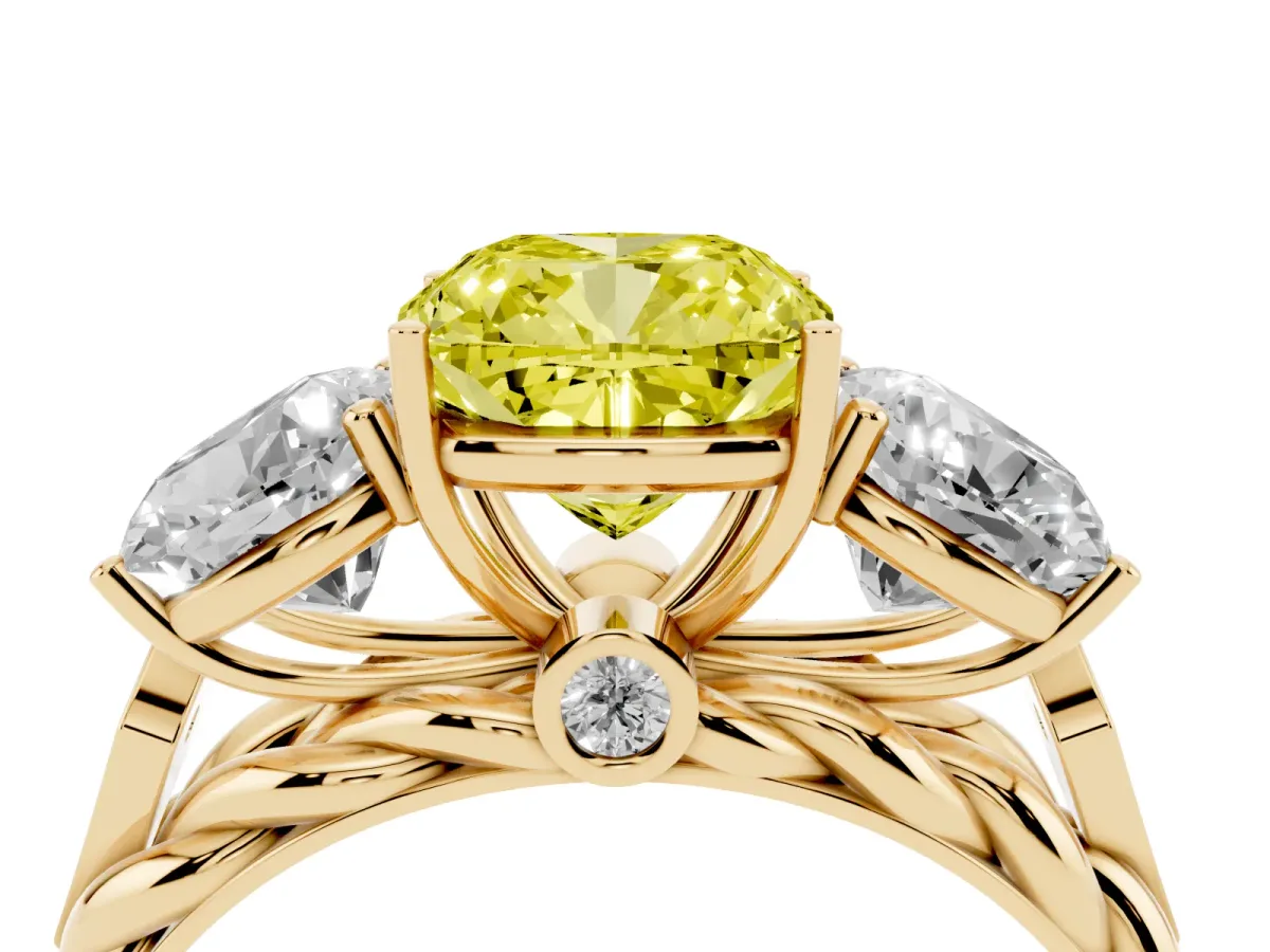 Fancy Yellow Three-Stone Cushion Cut Diamond Braided Band Ring with Four-Prong Setting Yellow gold