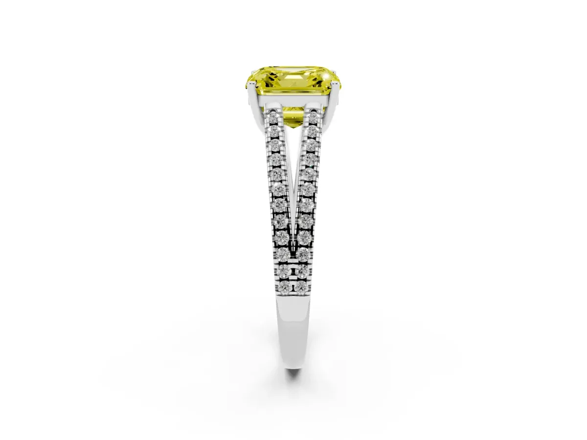 Fancy Yellow Asscher Cut Diamond Solitaire Engagement Ring with Split Shank Pavé Band Silver