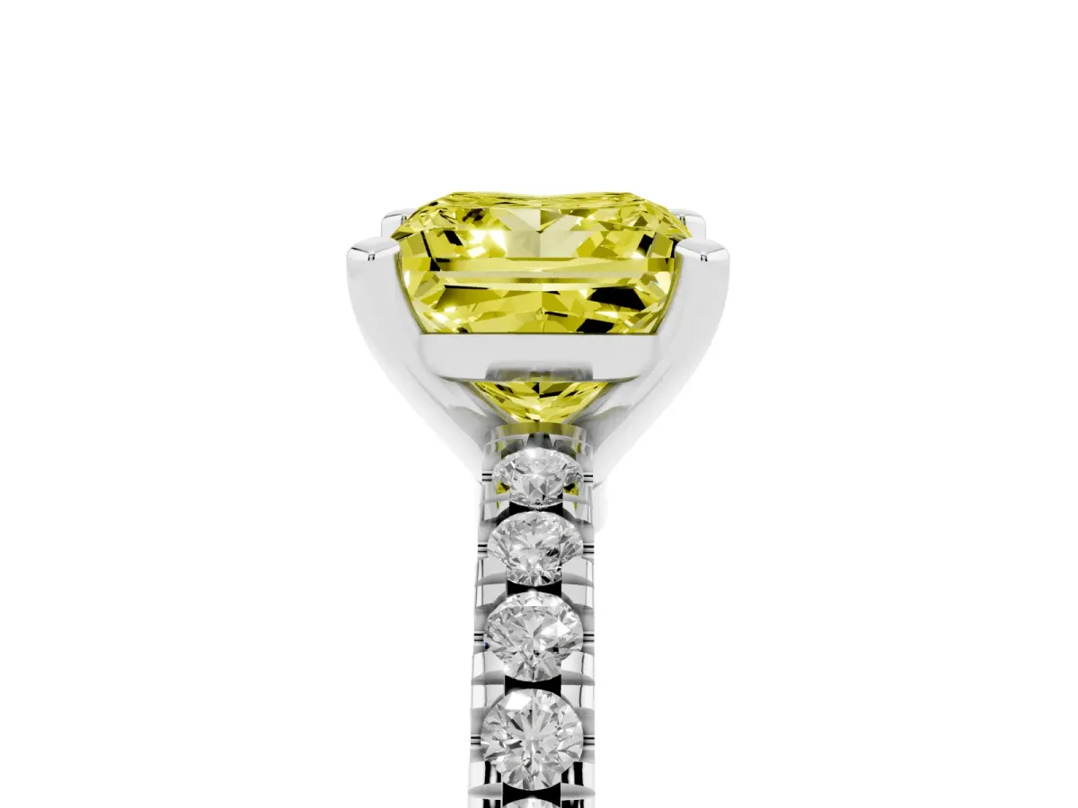 Fancy Yellow Princess Cut Solitaire Diamond with Pavé Band and Four-Prong Setting Platinum
