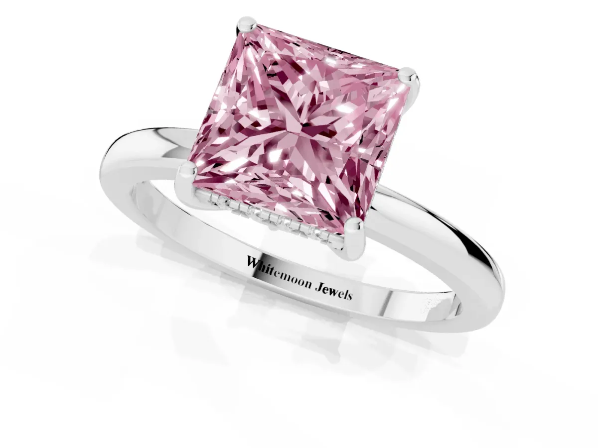 Fancy Pink Princess Cut Solitaire Diamond Ring with Prong Setting and Plain Band Silver
