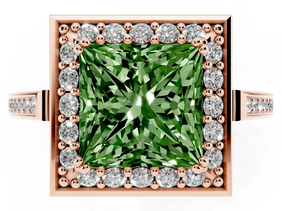 Fancy Green Princess Cut Diamond Halo Ring with Split Shank and Four-Prong Setting Rose gold
