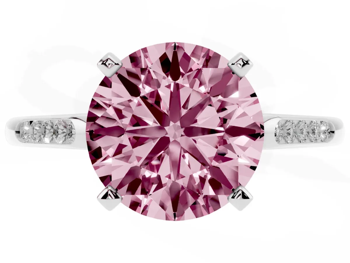Fancy Pink Round Cut Diamond Solitaire Ring with Channel Set Round Band and Prong Setting Silver
