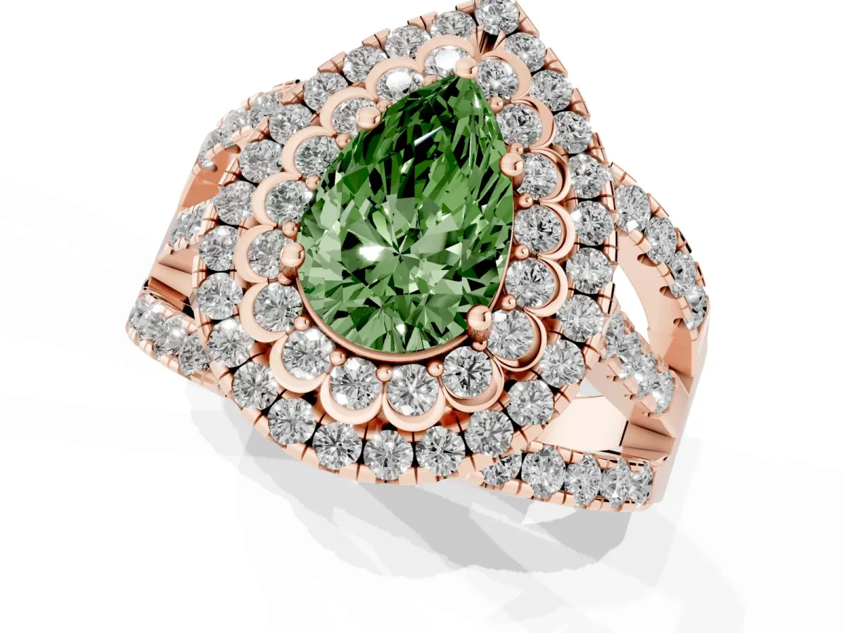 Fancy Green Pear Cut Diamond Double Halo Ring with Round Pavé Split Shank and Prong Setting Rose gold