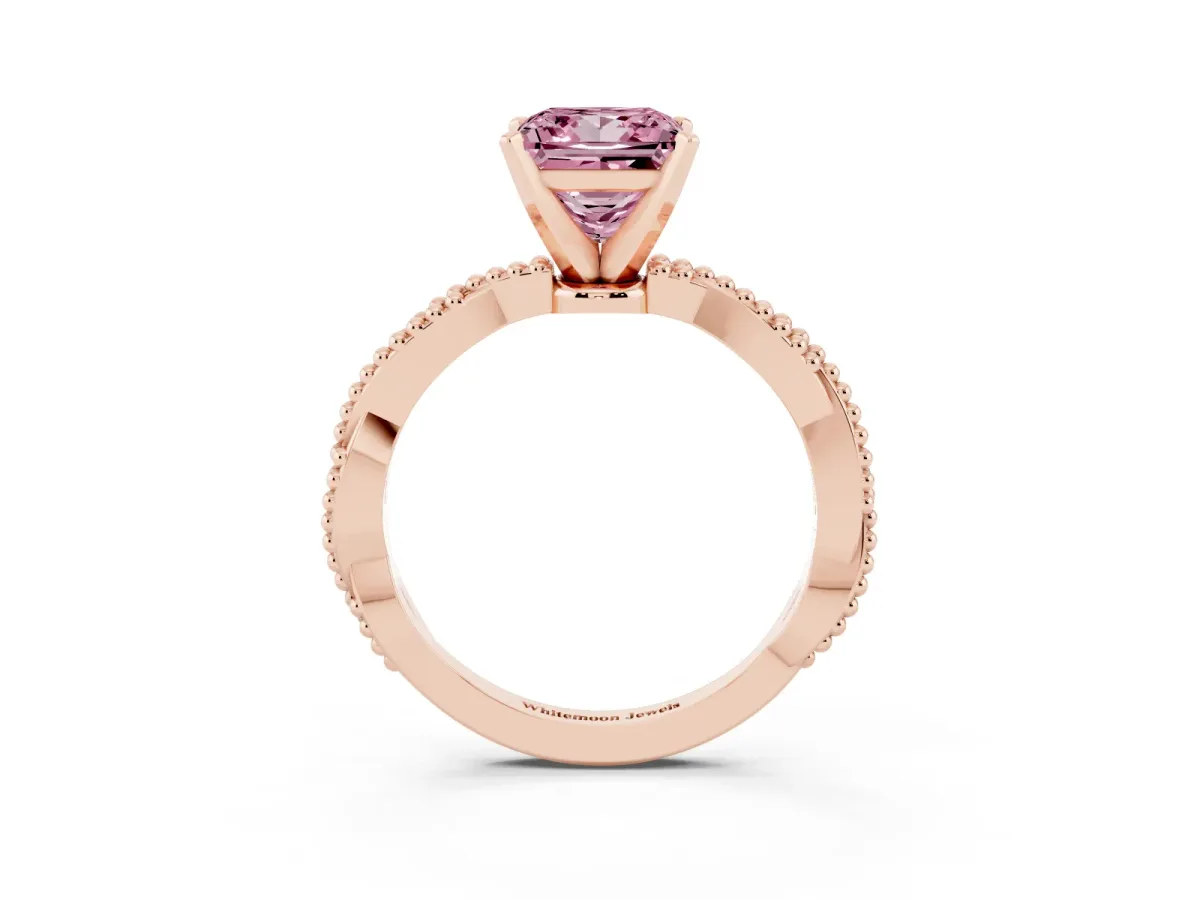 Fancy Pink Princess Cut Solitaire Twisted Band with Bead Prong Setting Rose gold