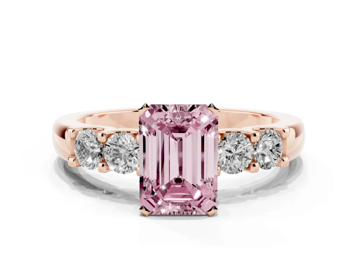 Fancy Pink Emerald Cut Brilliant Cut Diamond Five-Stone Prong Set Engagement Ring with Channel Band Rose gold