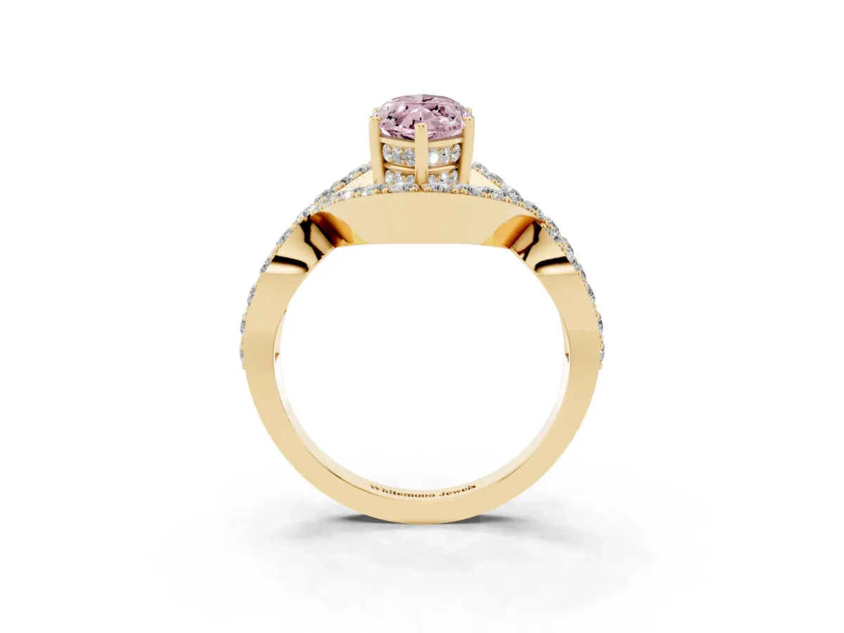 Fancy Pink Marquise Cut Solitaire Twist Band Pavé Diamond Engagement Ring Yellow gold