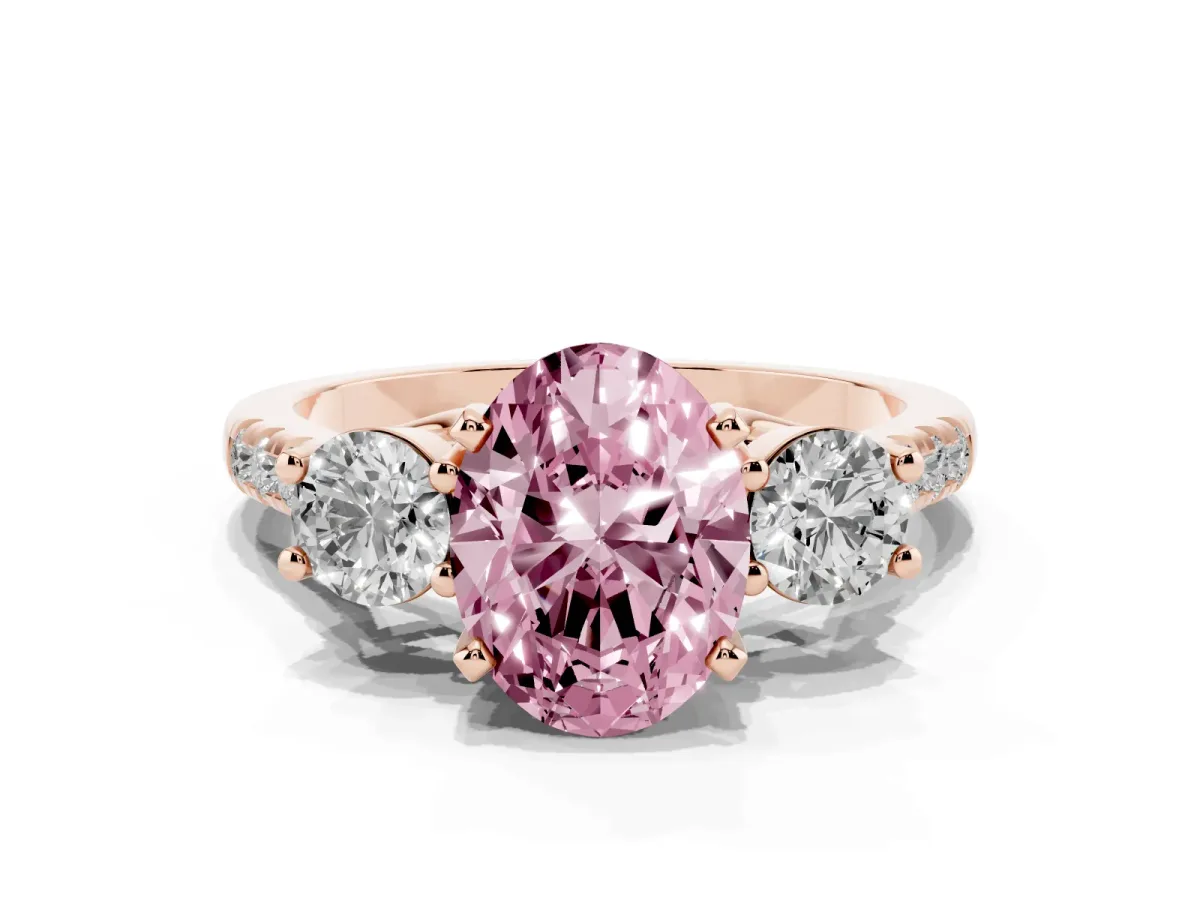 Fancy Pink Three-Stone Oval Cut Diamond Pavé Band with Four-Prong Setting Rose gold
