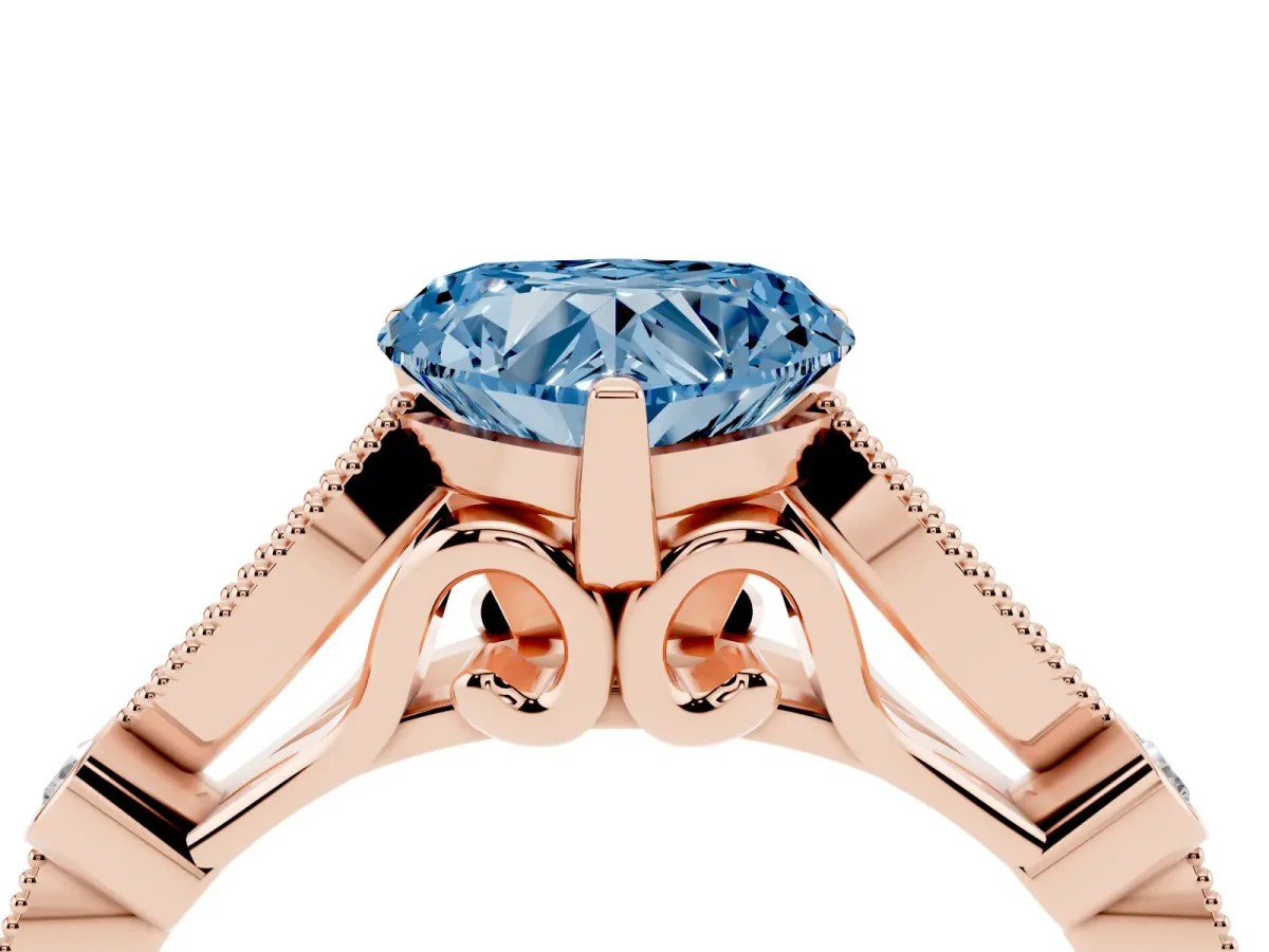 Fancy Blue Heart Cut Cut Diamond with Milgrain Marquise and Bezel Accents on a Solitaire Band with Prong Setting Rose gold