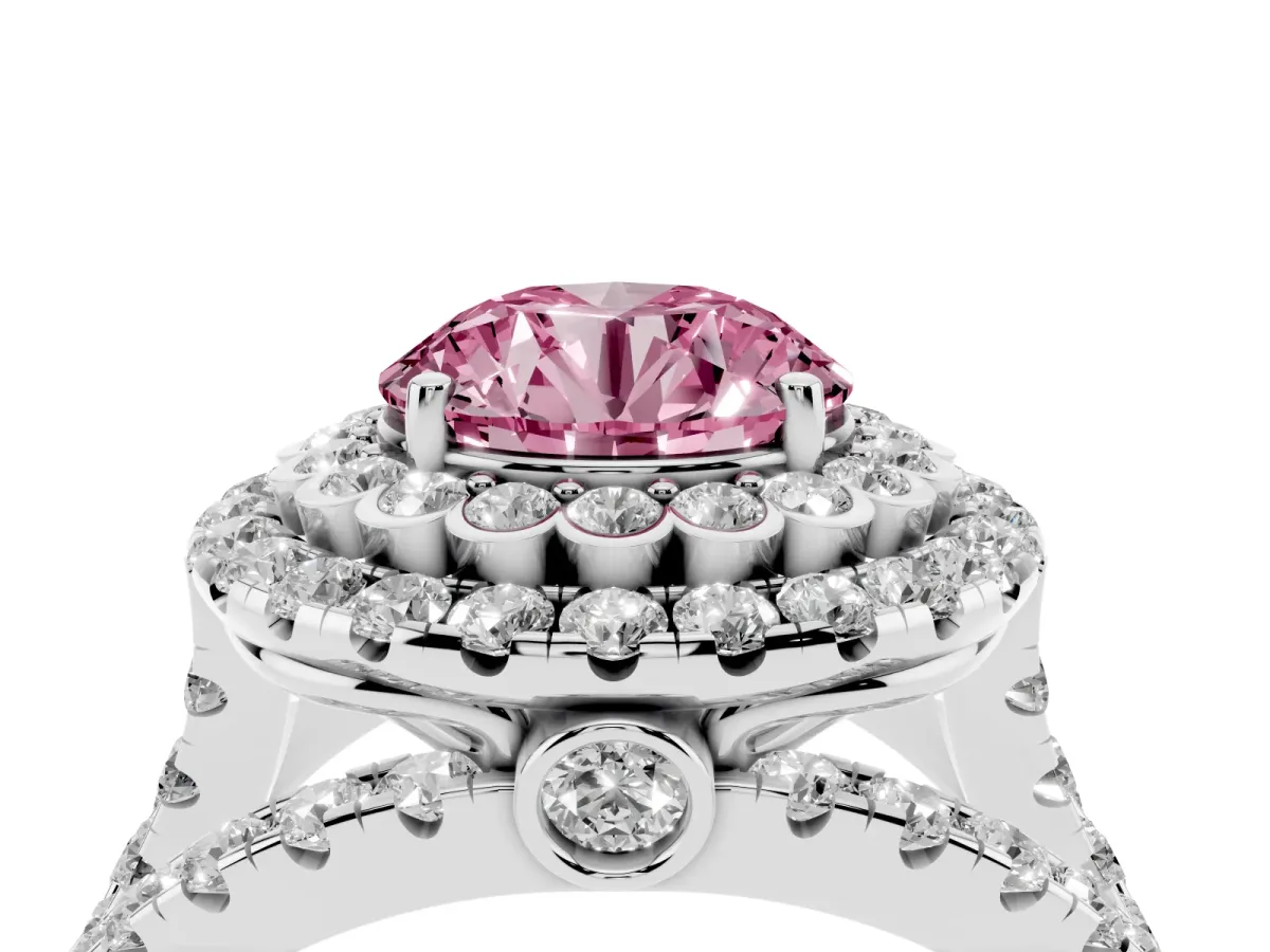 Fancy Pink Round Cut Diamond Double Halo Ring with Round Pavé Split Shank and Prong Setting Silver