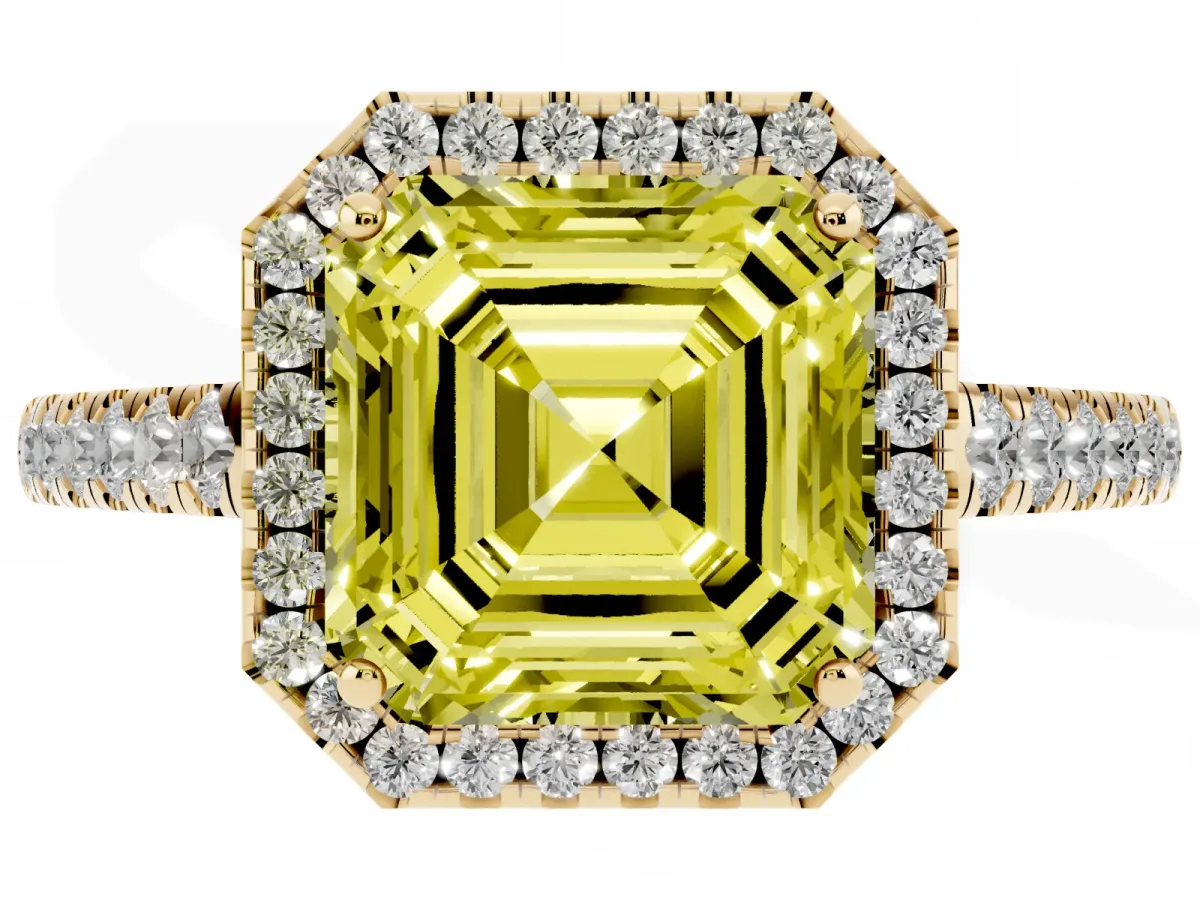 Fancy Yellow Asscher Cut Halo Pave Diamond Engagement Ring with Four-Prong Setting Yellow gold