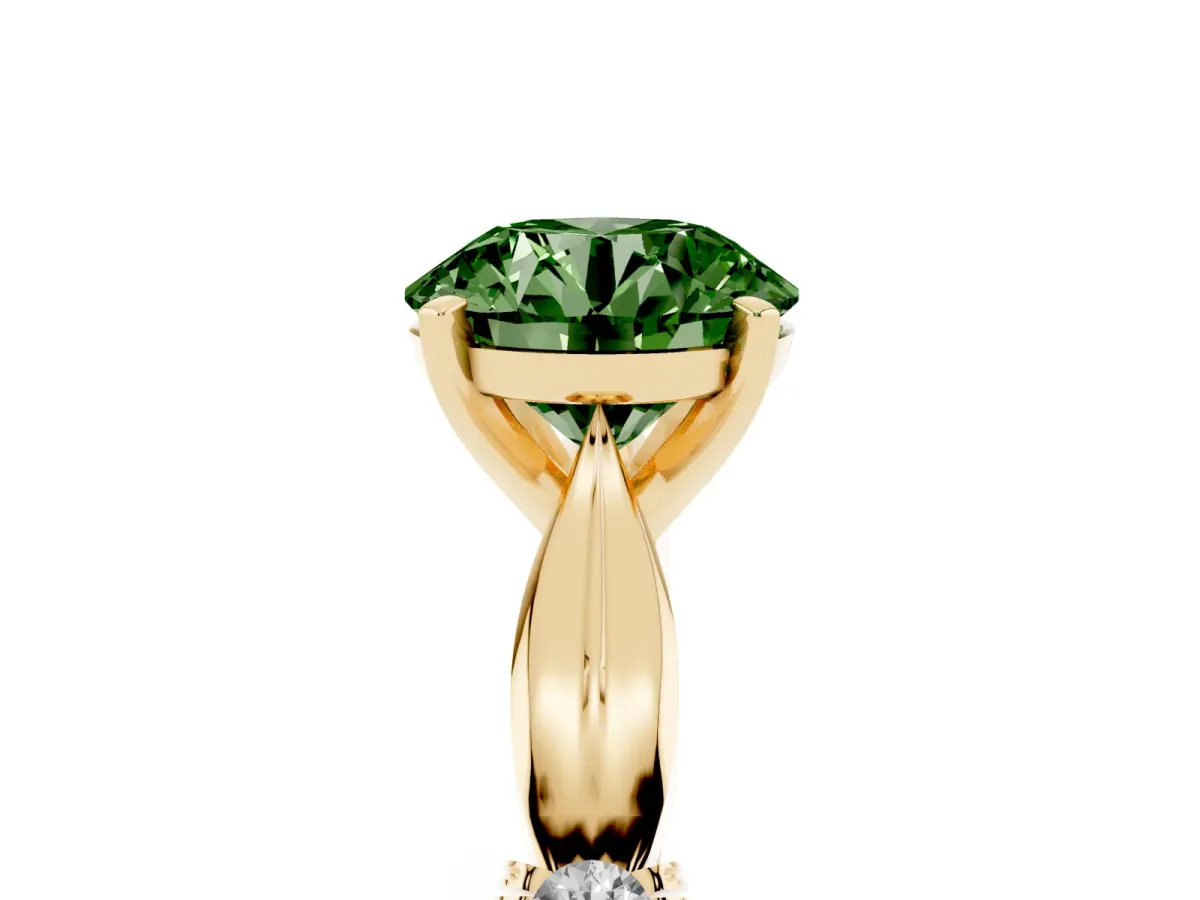 Fancy Green Round Cut Solitaire Diamond Twisted Band with Four-Prong Setting Yellow gold