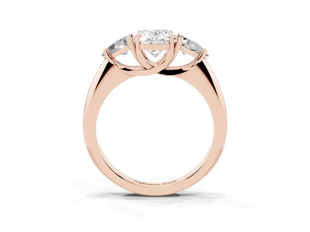 Three-Stone Oval Cut Diamond Engagement Ring with Trillion Side Stones and Prong Setting Rose gold