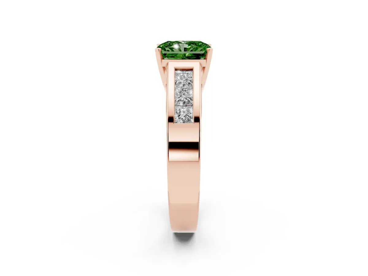 Fancy Green Radiant Cut Cut Channel Set Solitaire Ring with Four-Prong Setting Rose gold