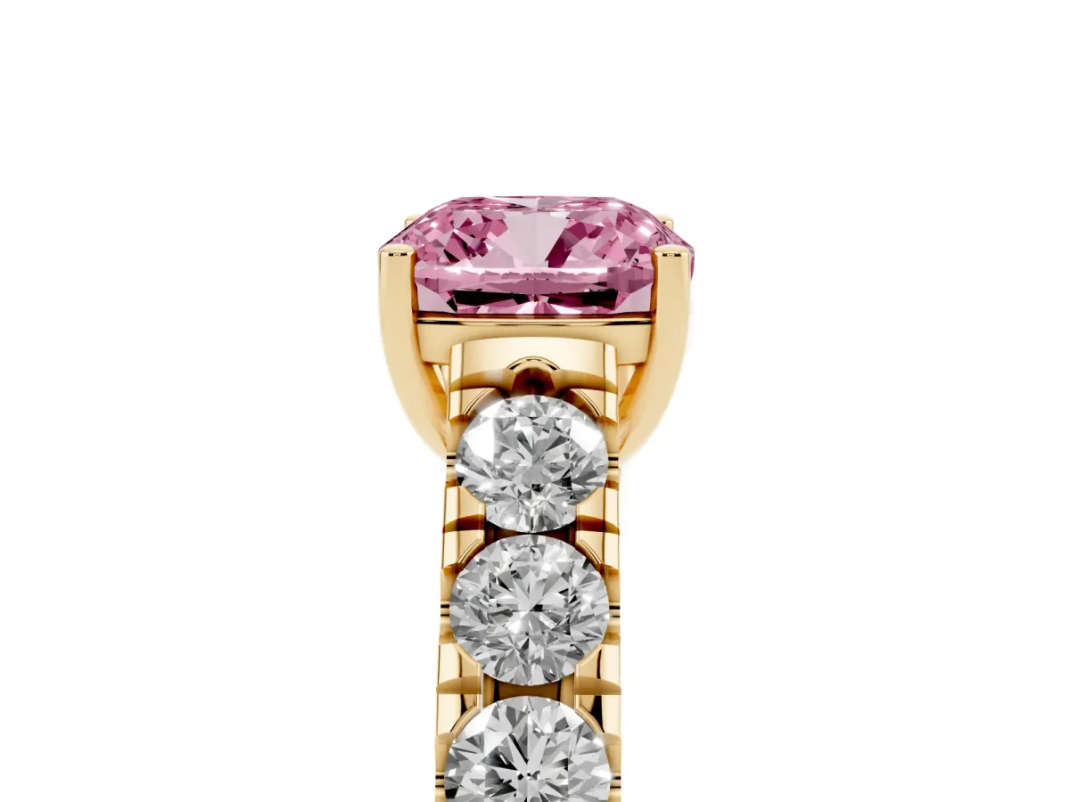 Fancy Pink Cushion Cut Cut Diamond Solitaire Ring with Micro Pave Band and Prong Setting Yellow gold