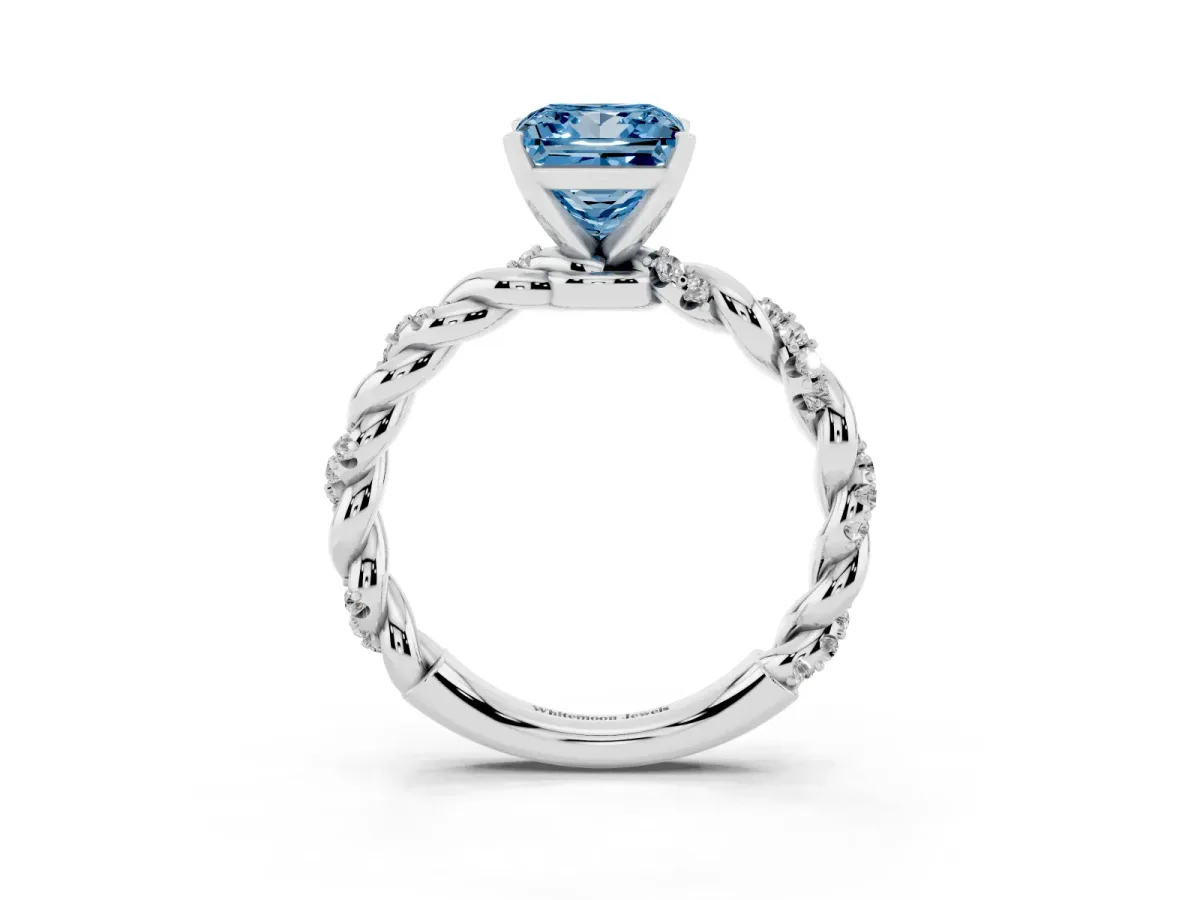 Fancy Blue Princess Cut Diamond Solitaire Ring with Twisted Band and Pavé Accents Silver