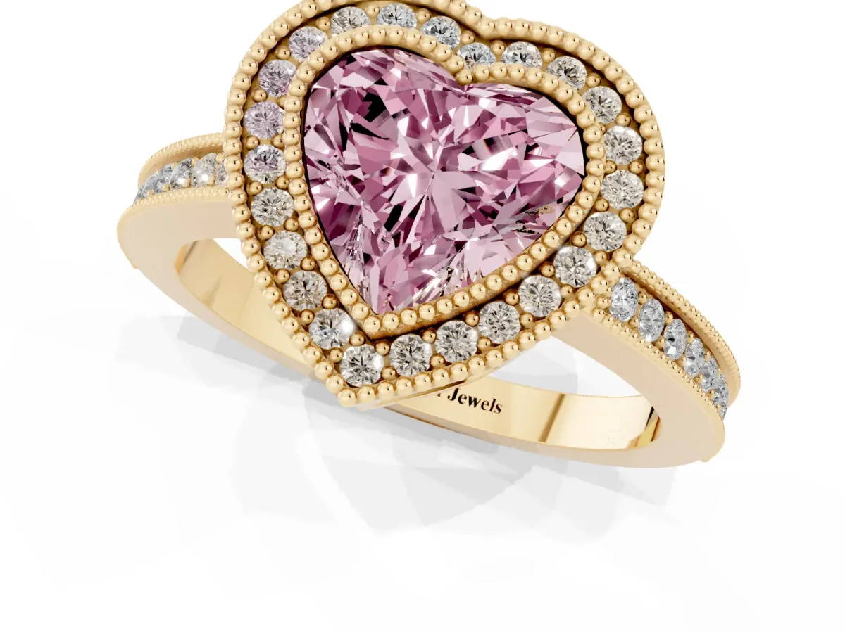 Fancy Pink Heart Cut Cut Halo Diamond Ring with Pavé Band and Milgrain Prong Setting Yellow gold