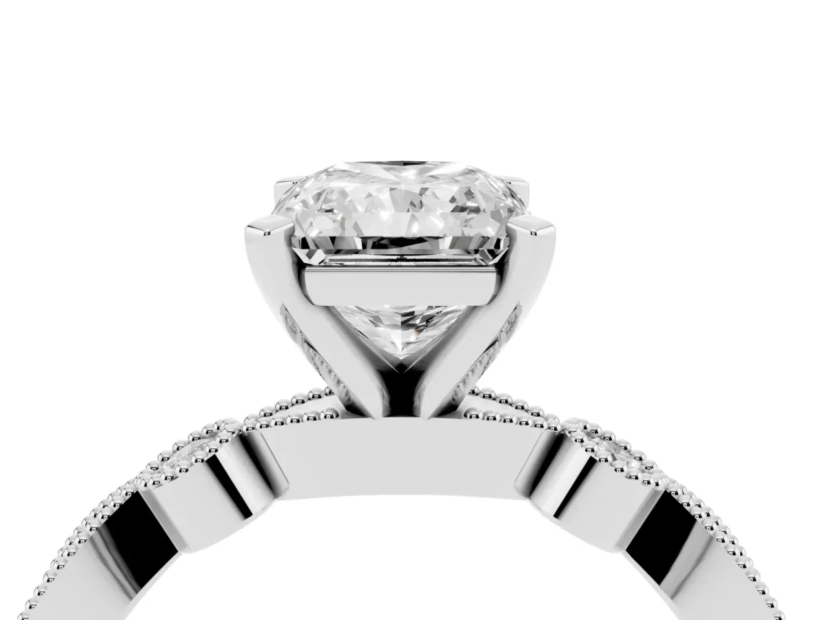 Radiant Cut Milgrain Bezel Diamond Engagement Ring with Solitaire Prong Setting Silver