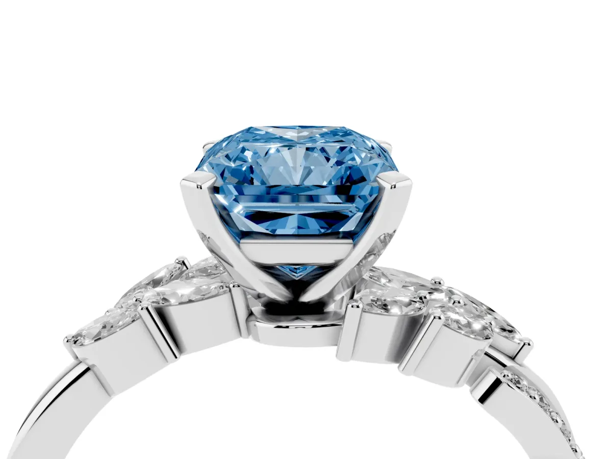 Fancy Blue Radiant Cut Solitaire Marquise Twist Band with Six-Prong Setting Silver