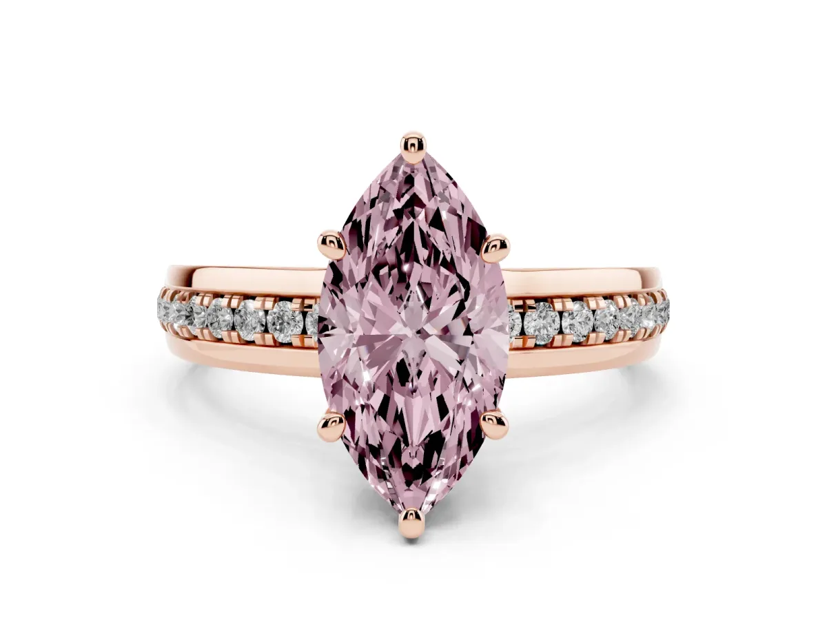 Fancy Pink Marquise Cut Solitaire Diamond Ring with Channel Set Band and Six-Prong Setting Rose gold
