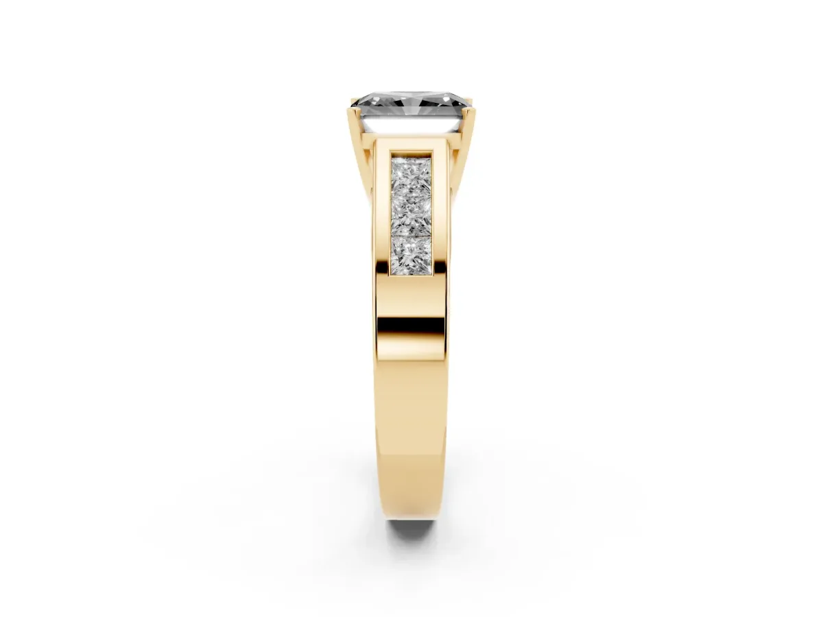 Fancy Black Radiant Cut Cut Channel Set Solitaire Ring with Four-Prong Setting Yellow gold