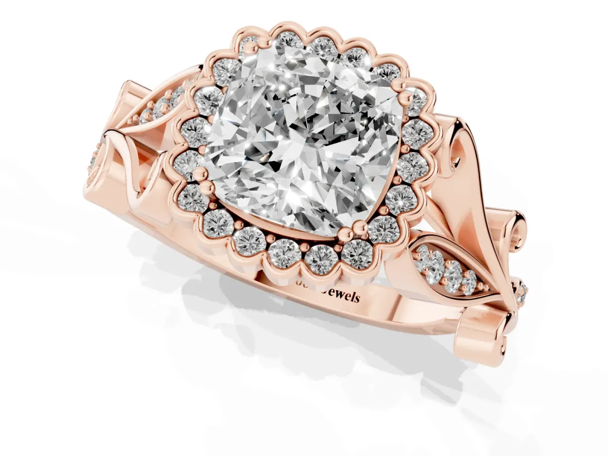 Cushion Cut Diamond Halo Ring with Vintage Split Shank and Four-Prong Setting Rose gold