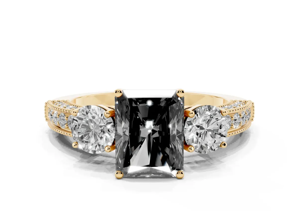 Fancy Black Radiant Cut Three-Stone Diamond Ring with Pavé Band and Four-Prong Setting Yellow gold