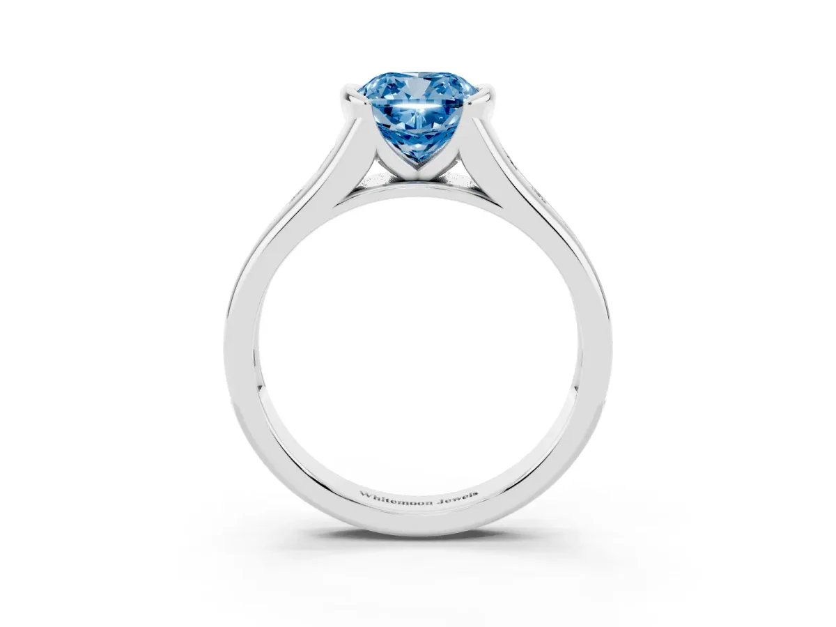 Fancy Blue Cushion Cut Solitaire Bezel-Set Diamond Ring with Channel-Set Band Silver