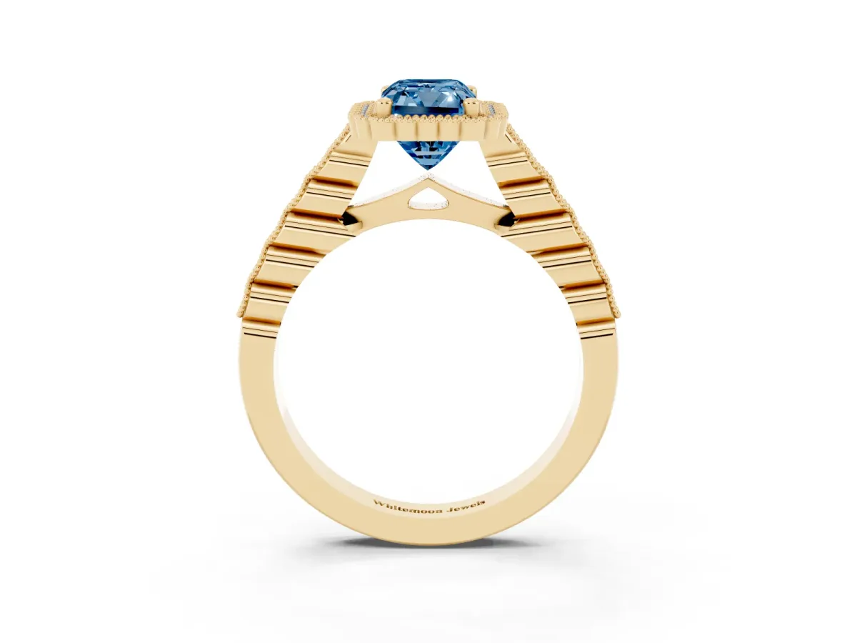 Fancy Blue Radiant Cut Cut Halo Pavé Solitaire Ring with Milgrain Band Yellow gold
