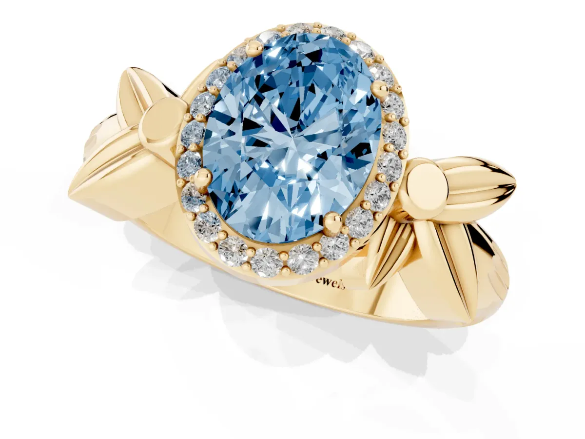 Fancy Blue Oval Cut Halo Diamond Floral Band with Four-Prong Setting Yellow gold