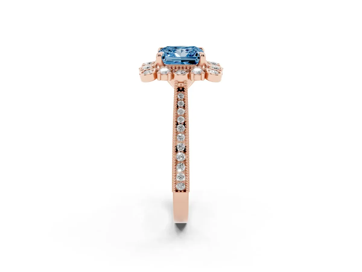 Fancy Blue Princess Cut Halo Milgrain Pave Diamond Ring with Four-Prong Setting Rose gold