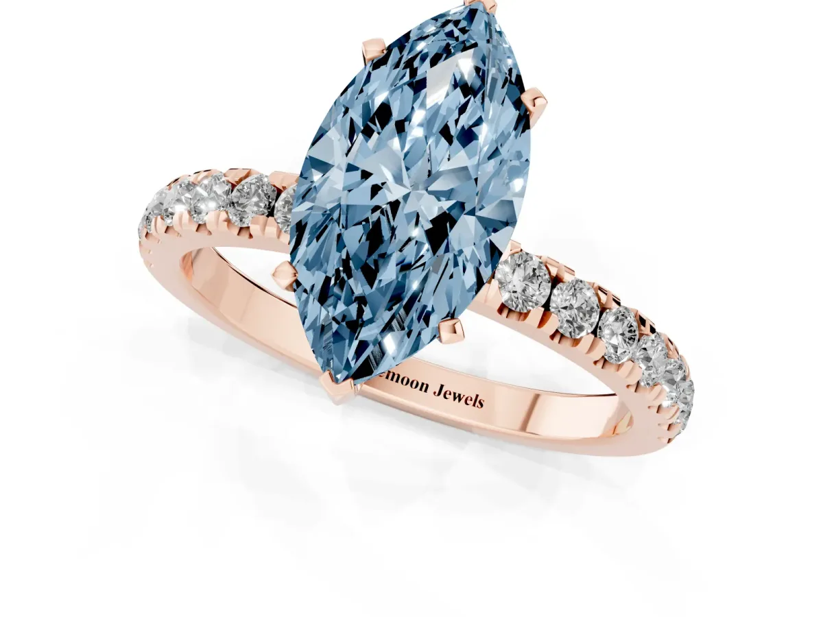 Fancy Blue Marquise Cut Diamond Solitaire Ring with Pavé Accents and Four-Prong Setting Rose gold